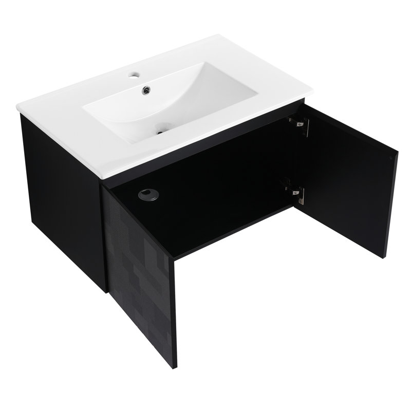 Meuble-lavabo de salle de bain 30 po. Lavabo en céramique et porte à fermeture en douceur. Style contemporain. Contreplaqué. Noir Rangement à 2 portes pour des objets modernes. Accessoires et appartenances
