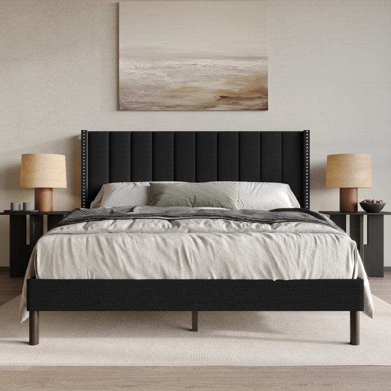 Odessa Upholstered Wingback Panel Bed, Black, King