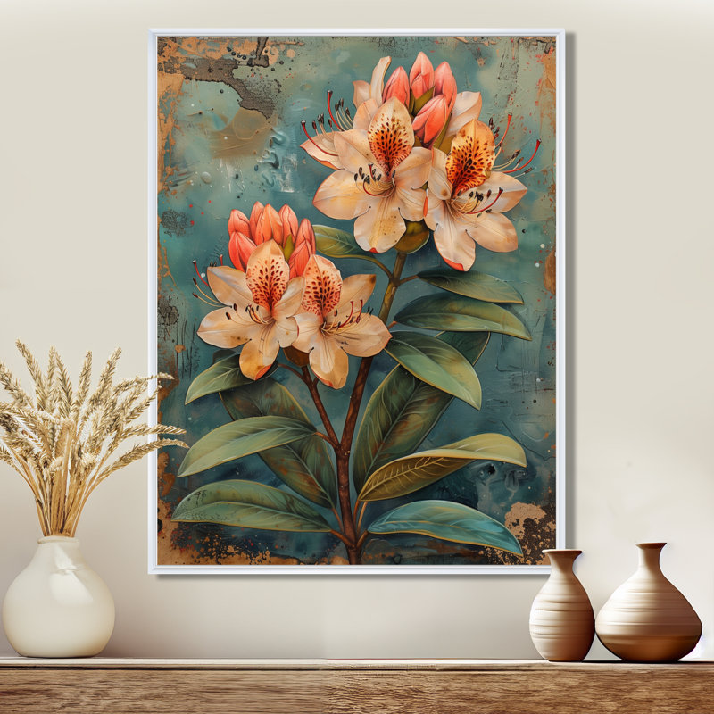 Collage de rhododendrons orange et vert - impression d'art mural rhododendron, Cadre flottant blanc, H 24 po x l 32 po