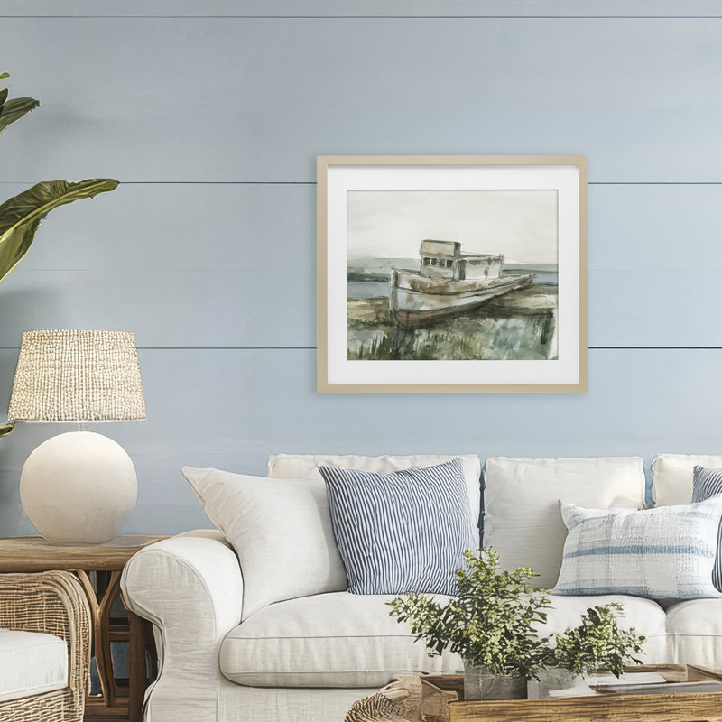 «Beached Fishing Boat», reproduction sous verre encadrée, conception par Ethan Harper, Cadre de récolte en pin
