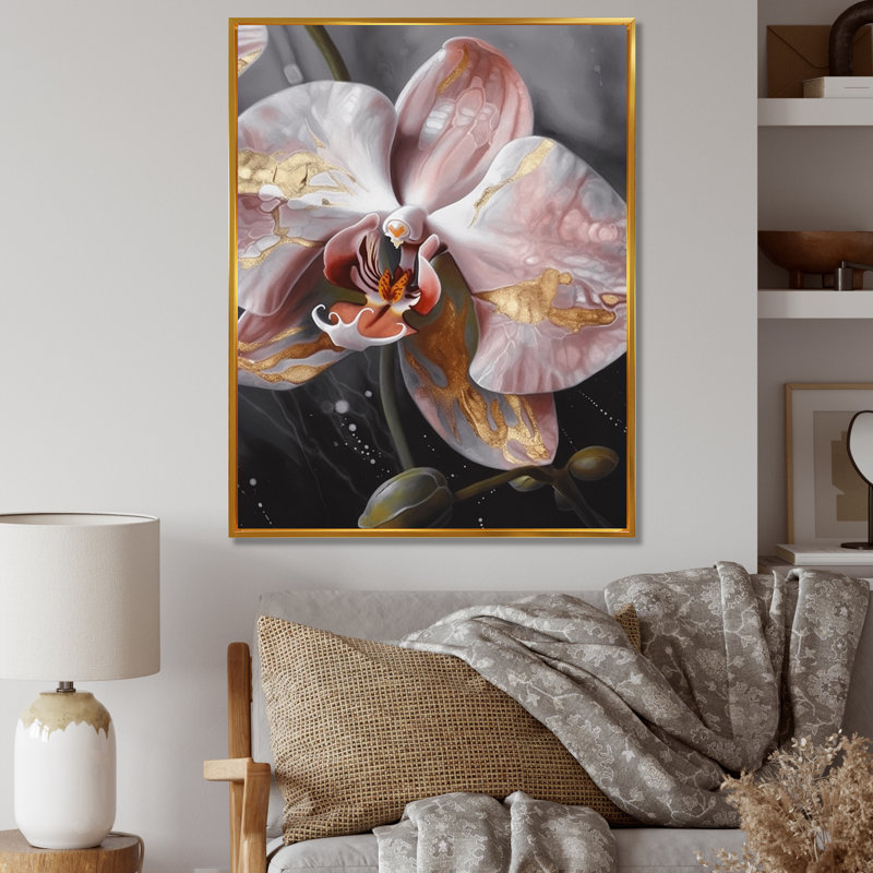 Orchidées roses exquises - imprimé, H 20 po x l 12 po x P 1 po, Cadre flottant doré