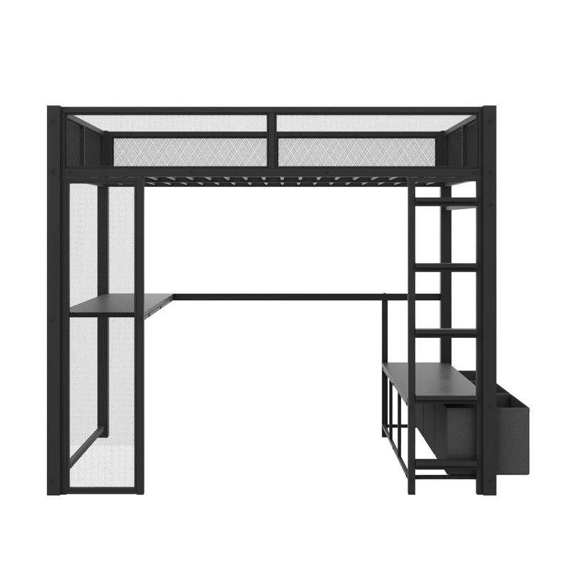 Lit mezzanine double avec bureau intégré, éclairage à DEL et escalier, Noir