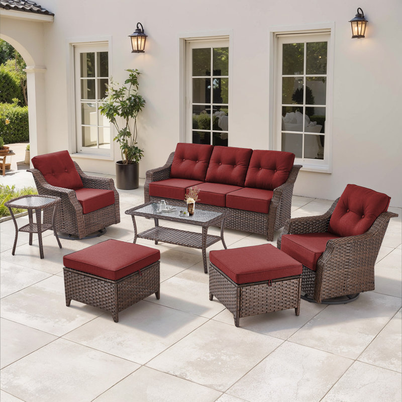 Sami 7-Piece Wicker Patio Furniture Sofa Set, 6-Inch Thick Cushioned Swivel Glider Chairs & Multifunctional Ottomans, Red