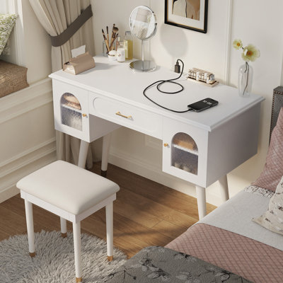 Ensemble de coiffeuse et coiffeuse Elegant Vanity, coiffeuse moderne avec rangement, bureau, port de charge, blanc