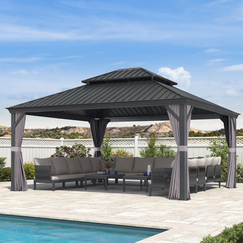PURPLE LEAF 14' X 16' Permanent Hardtop Gazebo Aluminum Gazebo with Galvanized Steel Double Roof for Patio Lawn and Garden, Curtains and Netting Included, Gray