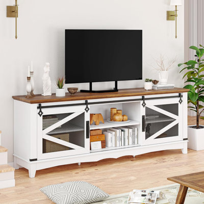 Modern TV Stands for Living Room, 65 Inch TV Stand Entertainment Center with Storage and Sliding Barn Doors, Media TV Console Cabinet with Adjustable Shelf (White)