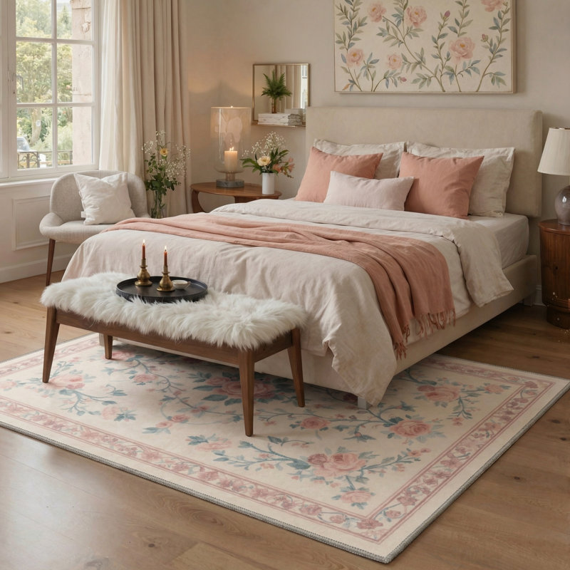 Verdant Floral Machine Washable Pink / Beige / Green Indoor Area Rug with Non-Slip Backing, Rectangle 5' x 7'