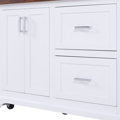 53" Large Kitchen Island with 3.5" Thick Desktop, Spice and Towel Racks, Rolling Kitchen Island with Storage on 5 Wheels, 2 Extra-large Drawers, for Home, Kitchen, Dining Room, White