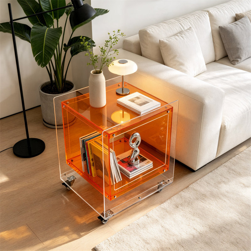 Table de chevet roulante en forme de cube acrylique pour tourne-disque, verte/orange/rouge, Oui, Orange & Transparent