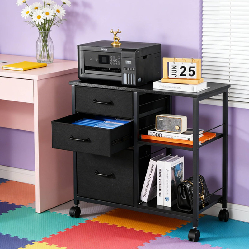 Mobile Metal File Cabinet With 3 Fabric Drawers And 2 Open Shelves Black