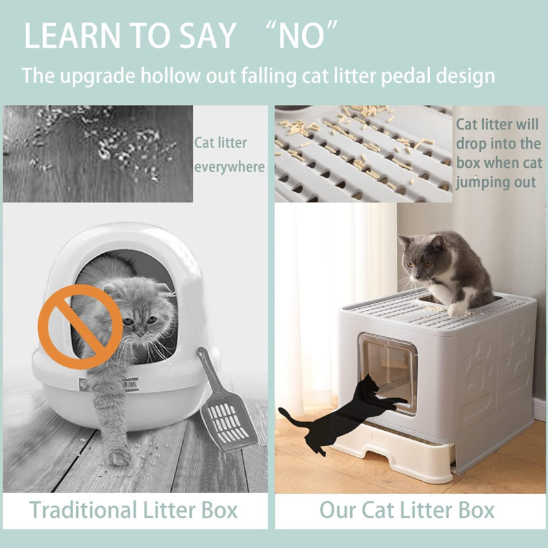 Bac à litière pliable pour chat avec couvercle, grande entrée par le haut anti-éclaboussures avec pelle à litière, bac à litière en plastique avec tiroir facile à nettoyer (gris)