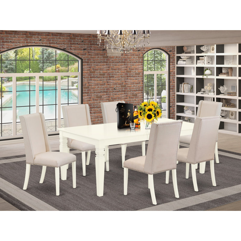 Ensemble de table de salle à manger 7 pièces composé d'une table de cuisine rectangulaire avec rallonge papillon et 6 chaises en tissu crème