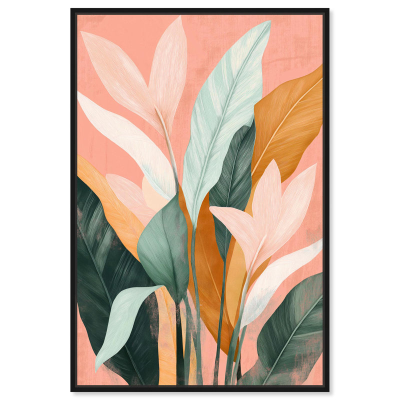 Peach and Palm Canvas Natures Art Prints by , 16" H x 11" W, Black Floater Framed