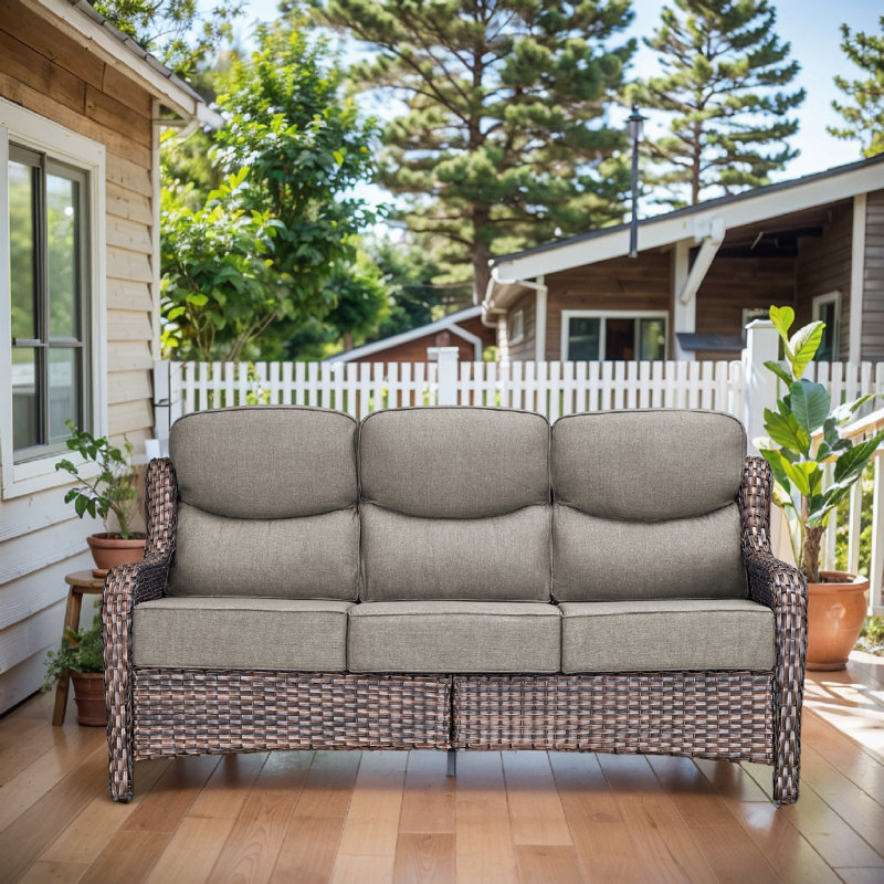 Deb 71" Outdoor Wicker Rattan Patio Sofa With 6" Thick Cushions, Gray/Brown