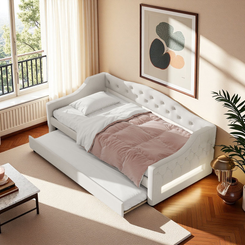 Twin XL Size Daybed With LED And Trundle, Beige
