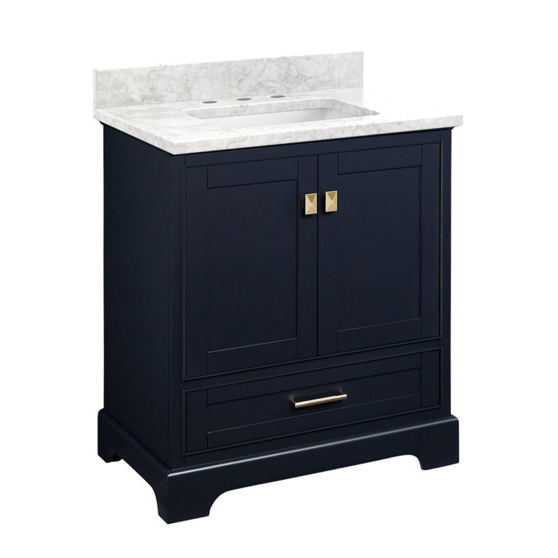 Quen 30" Freestanding Single Basin Vanity Set with Cabinet, Vanity Top, 8" Centers, Midnight Navy Blue, Carrara Marble