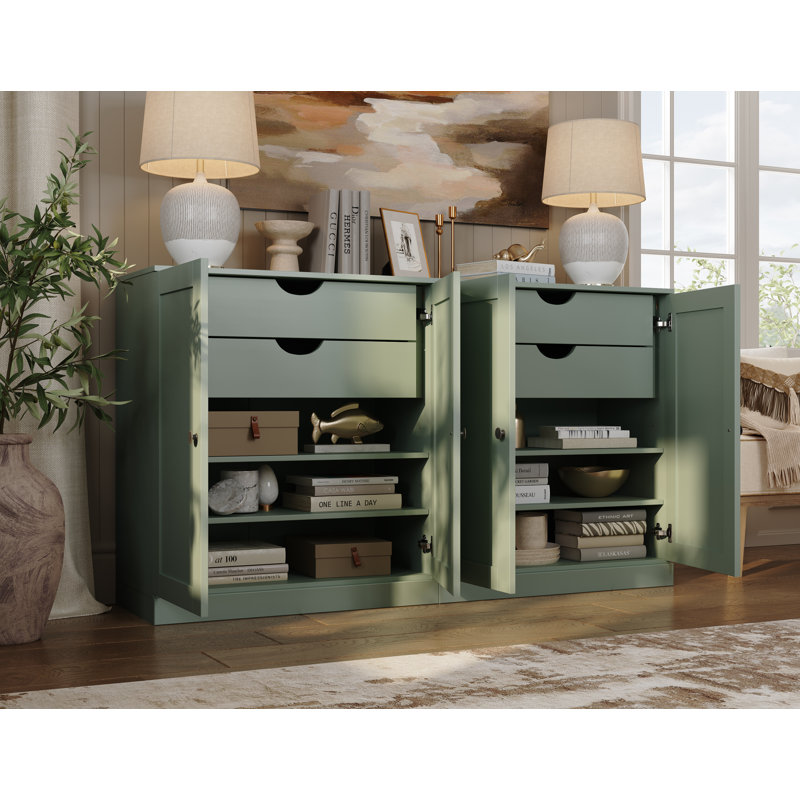 Buffet 100% bois massif 64 po avec portes Shaker, 4 tiroirs et tablettes réglables, Sauge