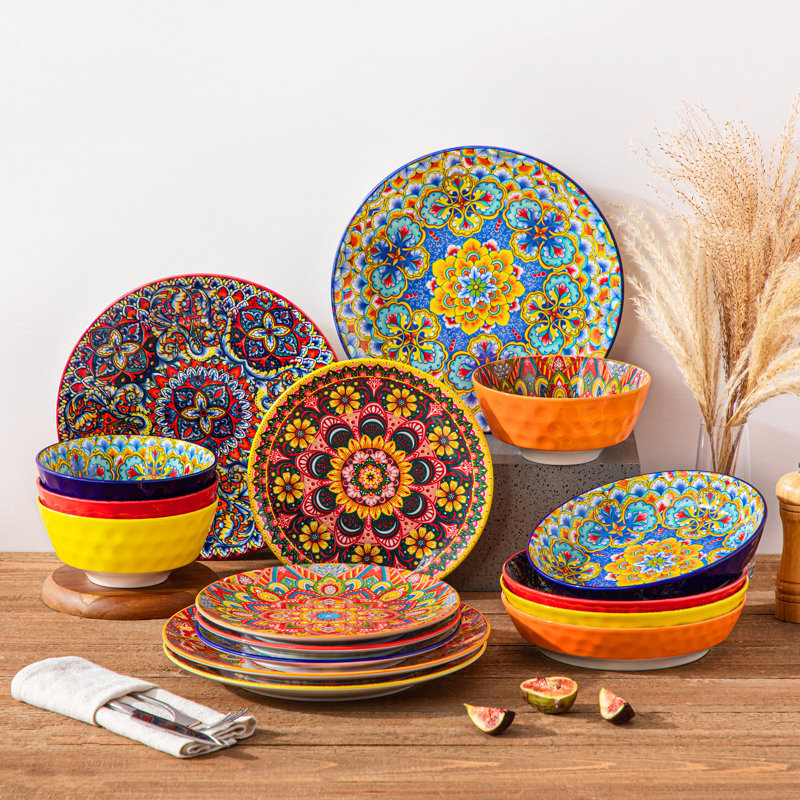 Ensemble 16 pièces de vaisselle de style bohème pour 4 personnes, 4 motifs imprimés assortis, assiettes en céramique colorées, bols et tasses