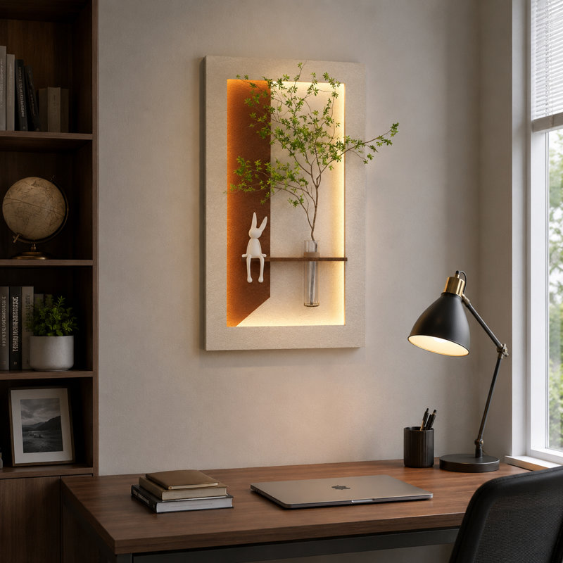 Light Coffee LED Wall Decor with Hydroponic Vase, Rabbit Accent, and Layered Botanical Design