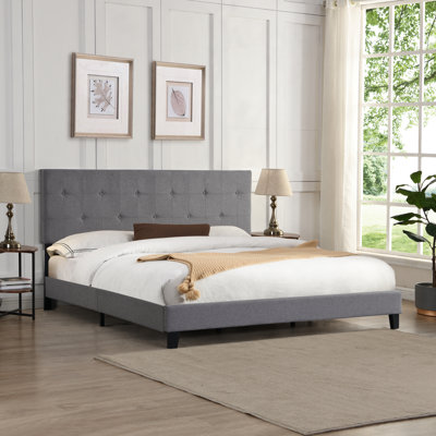 Structure de lit tapissier gris très grand, tête de lit à boutons, sommier sans sommier, base à lattes de bois, assemblage facile, 80 po Produit Largeur du lit, support, paquet de 25,4
