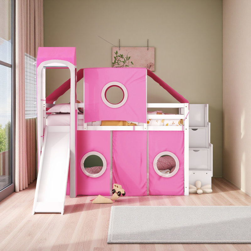 Lit mezzanine double avec tente et tour, Rose