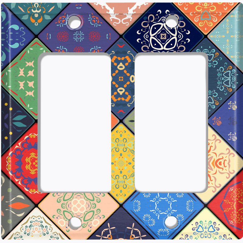 Metal Light Switch Plate Outlet Cover (Vintage Colourful Elegant Diagonal Pattern - Single Toggle)