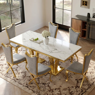 Table de salle à manger en MDF à dessus en marbre pour 6 pièces en acier inoxydable poli 66,9 po or blanc avec base en forme de losange, grande et longue table de salle à manger moderne