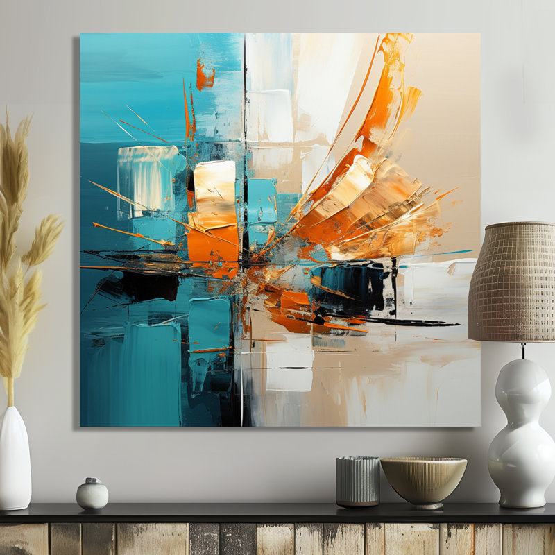 Glorieux coucher de soleil orange turquoise abstrait - art mural abstrait salon, H 16 po x l 16 po x P 1 po, Toile tendue