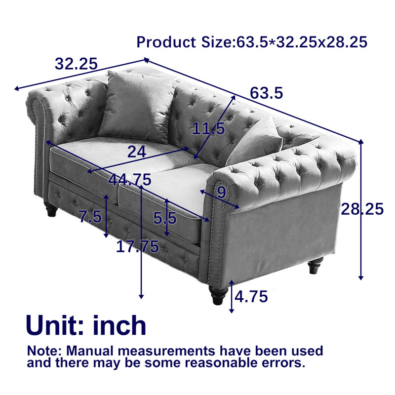 Canapé Chesterfield de 63,5 po Modern Modern, H 28,292 po x l 63,532 po x P 32,281 po, Noir