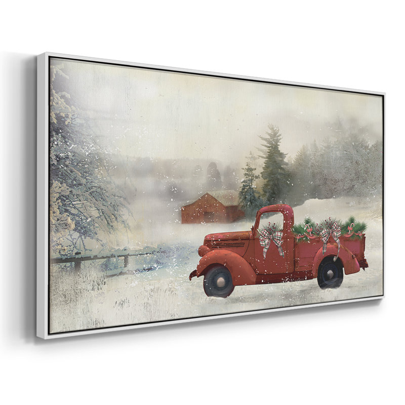 Red Barn Winter - Toile tendue avec châssis encadré - Prêt à accrocher, H 17 po x l 33 po, Blanc