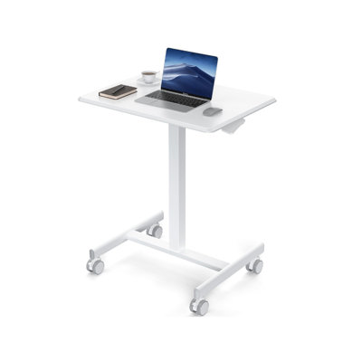 Small Standing Desk Mobile Portable Rolling Laptop PC Table On Wheels Adjustable Height Computer Workstation For Home Office, 19 Inch, Modern White