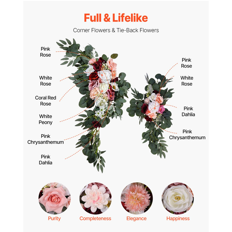 Ensemble de fleurs arquées de mariage artificielles, ensemble de fleurs arquées de mariage roses avec rideaux (lot de 4) - arrangement floral 2 pièces, 2 voilages transparents, pour décoration de bouquets de cérémonie