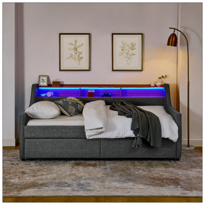 Upholstery Sofa Bed With LED Lights, Storage, Adjustable Headboard, And Wireless Charging For Modern Living