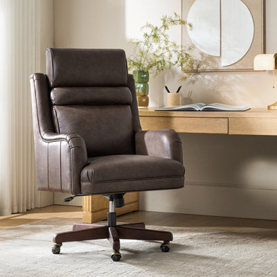 Heeg Traditional 42.5"H Genuine Leather Swivel Tilting Office Chair with Adjustable Headrest and Solid Wood Legs