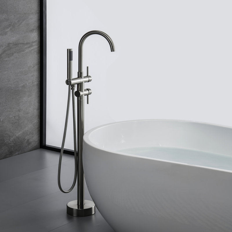 Robinet de baignoire à fixation au sol avec douchette en nickel brossé au fini nickel brossé à 360 degrés et douchette rotative à 360 degrés,