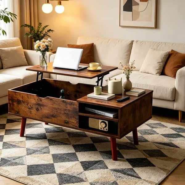 Table basse multifonctionnelle à plateau relevable avec compartiment caché et 2 casiers, mécanisme de levage robuste, tables centrales en bois brun avec rangement, hauteur réglable, style contemporain