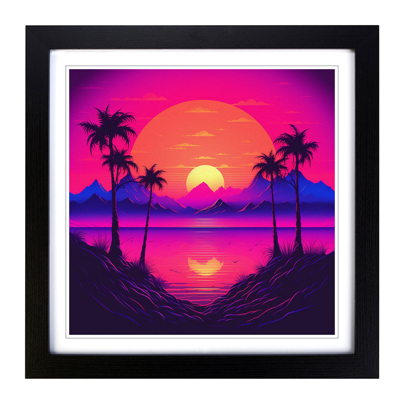 Sunset Vaporwave No.3 - Single Picture Frame Print on Wood, Black