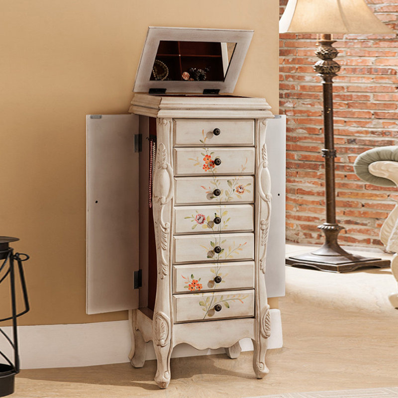 Meuble de rangement à bijoux de style campagnard américain en bouleau massif avec miroir rabattable