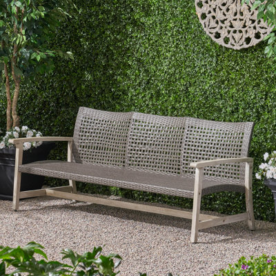 Outdoor Acacia Wood And Wicker 3-Seater Patio Sofa For Backyard And Garden Furniture Set | Gift Idea