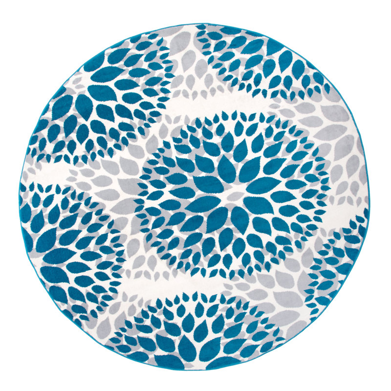 Tapis bleu / ivoire / gris clair à motif floral, Rond 6 pi 6 po