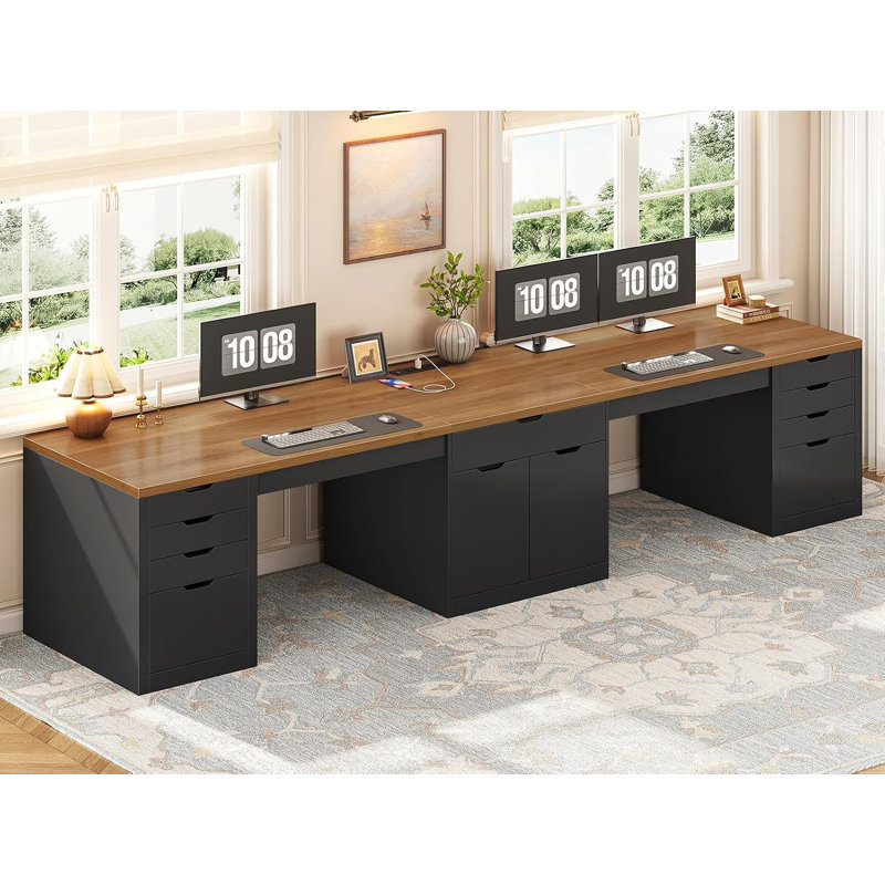 Bureau pour deux personnes avec 9 tiroirs, bureau d'ordinateur long avec armoire de rangement, blanc, Noir