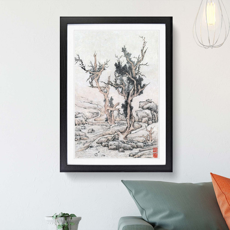 Old Trees by Wen Zhengming - Picture Frame Painting Print, 65cm H x 48cm W x 2cm D, Black Framed
