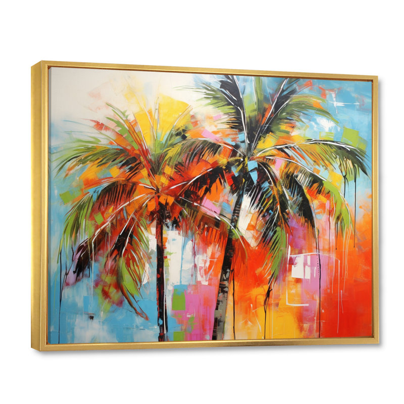 «Popart Palm Trees I», reproduction d'art sur toile Palm Trees, H 34 po x l 44 po x P 1,5 po, Cadre flottant doré