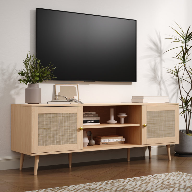TV Stand, Boho Entertainment Center With Storage, Modern Mid Century Media Console With Rattan Doors And Adjustable Shelf, Wood TV Stand For Living Room