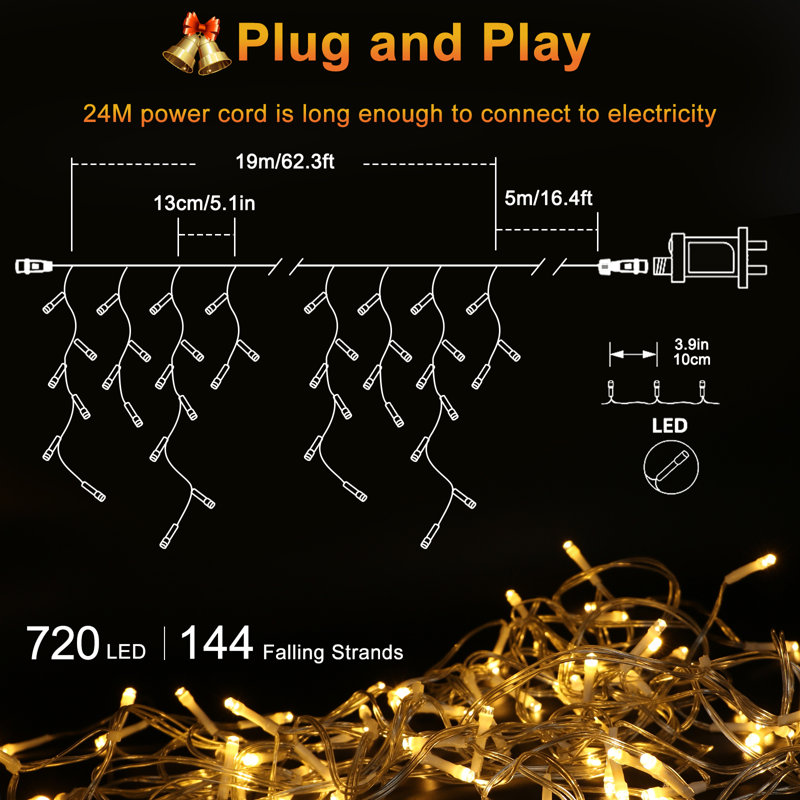 62FT 720 LED Outdoor Hanging Lights for Patio, Warm White Christmas Lights, Plug In, Warm White