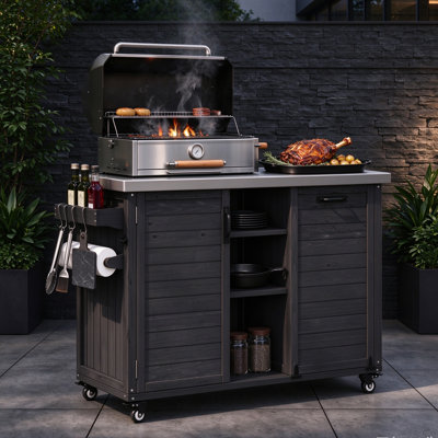 Îlot de cuisine d'extérieur de 199 cm avec table de barbecue pliable, chariot de barbecue en bois avec rangement pour poubelle et plateau en acier inoxydable, chariot de bar extérieur, table four à pizza pour pelouse et jardin, noir