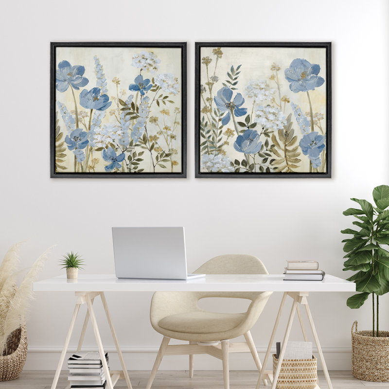Ensemble de 2 cadres flottants Blue Peaceful Garden, design par Lanie Loreth, H 25 po x l 25 po, Cadre flottant noir de jais
