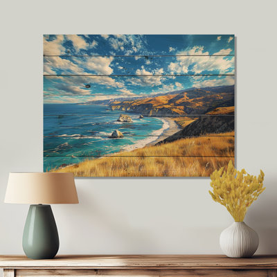 Golden Coast of California II - Paysage moderne, art mural en bois sur bois de pin naturel