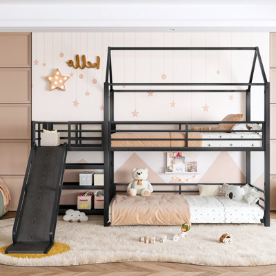 Twin Metal House Bunk Bed with Storage Stairs, Slide & Safety Rails, Space Saving Bed Frame, Black