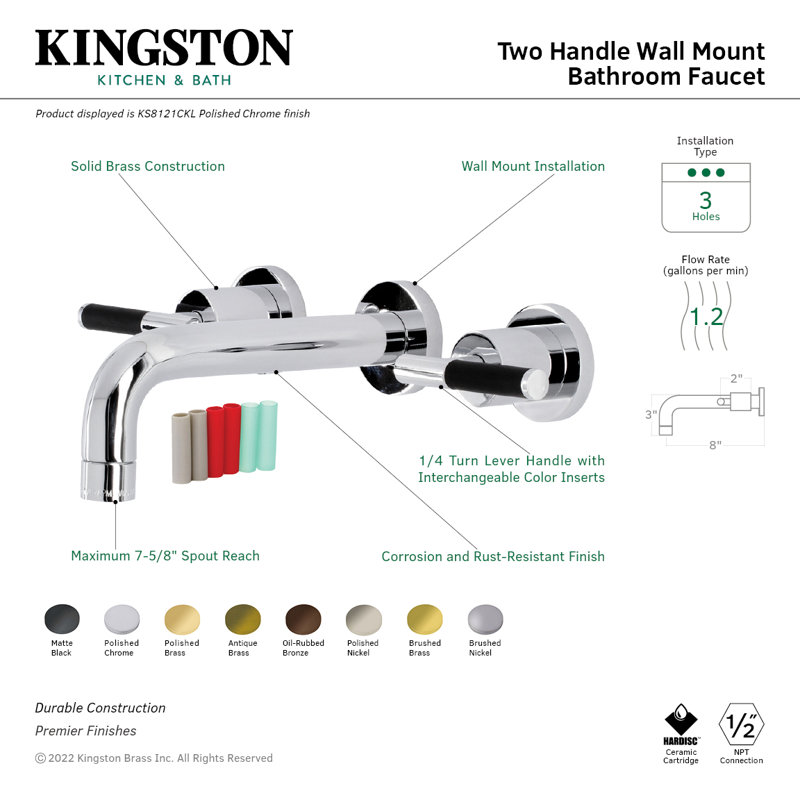 Kingston Brass Kaiser Two-Handle Wall Mount Bathroom Faucet, Matte Black